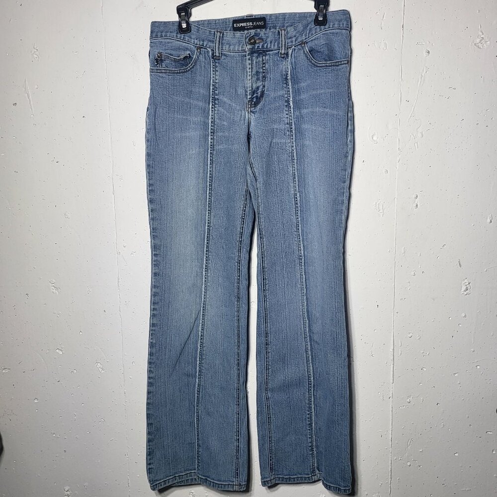 Express Womens Pleated Denim Blue Jeans 9/10‎ Y2K 2000s Grunge Retro Stretch - Picture 2 of 11